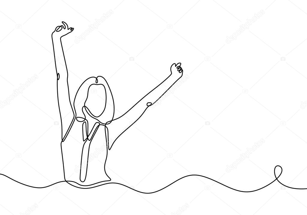 Continuous line drawing of happy woman expression. Beautiful lady with short hair expression winning and very cheerful. Girl hands up freedom expression concept. Vector illustration.