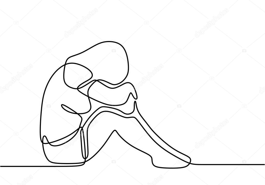 Continuous line drawing of girl covering face with hands, facial expression. Young woman in despair sitting on the bed. Frustration and depression person concept. Female suffering from depression
