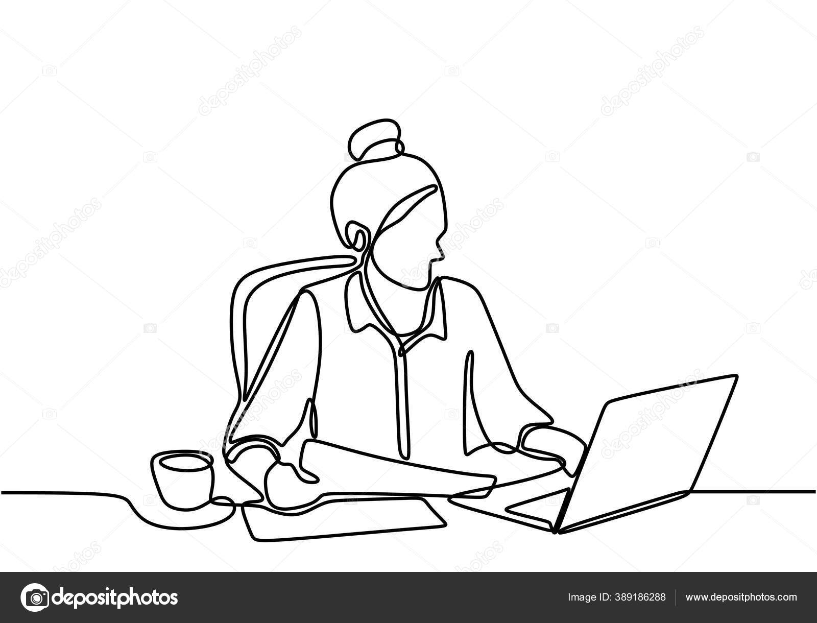 Continuous one line drawing young female with laptop sitting on open big  book. Freelance, distance learning, online courses, and studying concept.  Single line draw design vector graphic illustration 4482362 Vector Art at