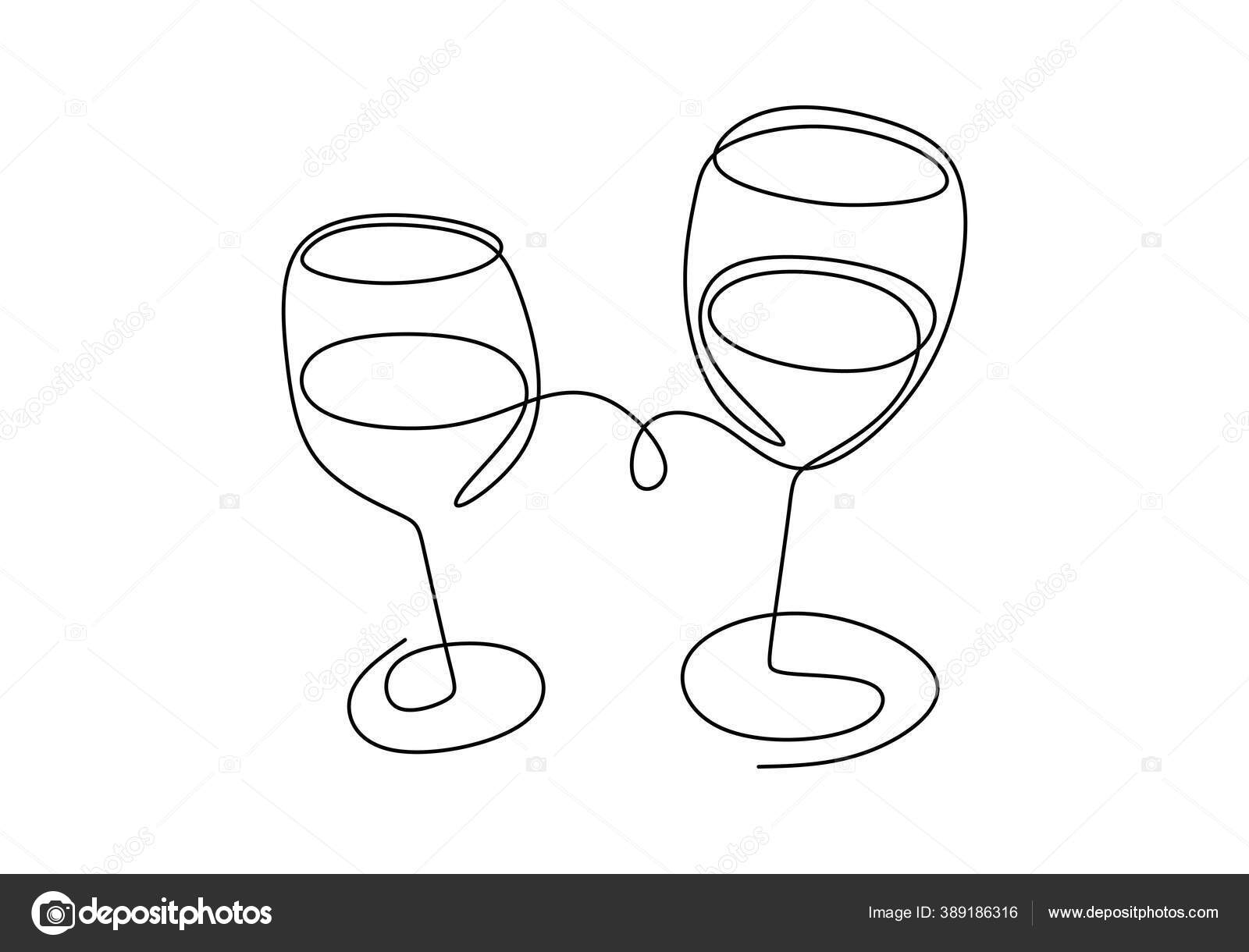Continuous One Line Drawing Cheering Glasses Wine Champagne Minimalism