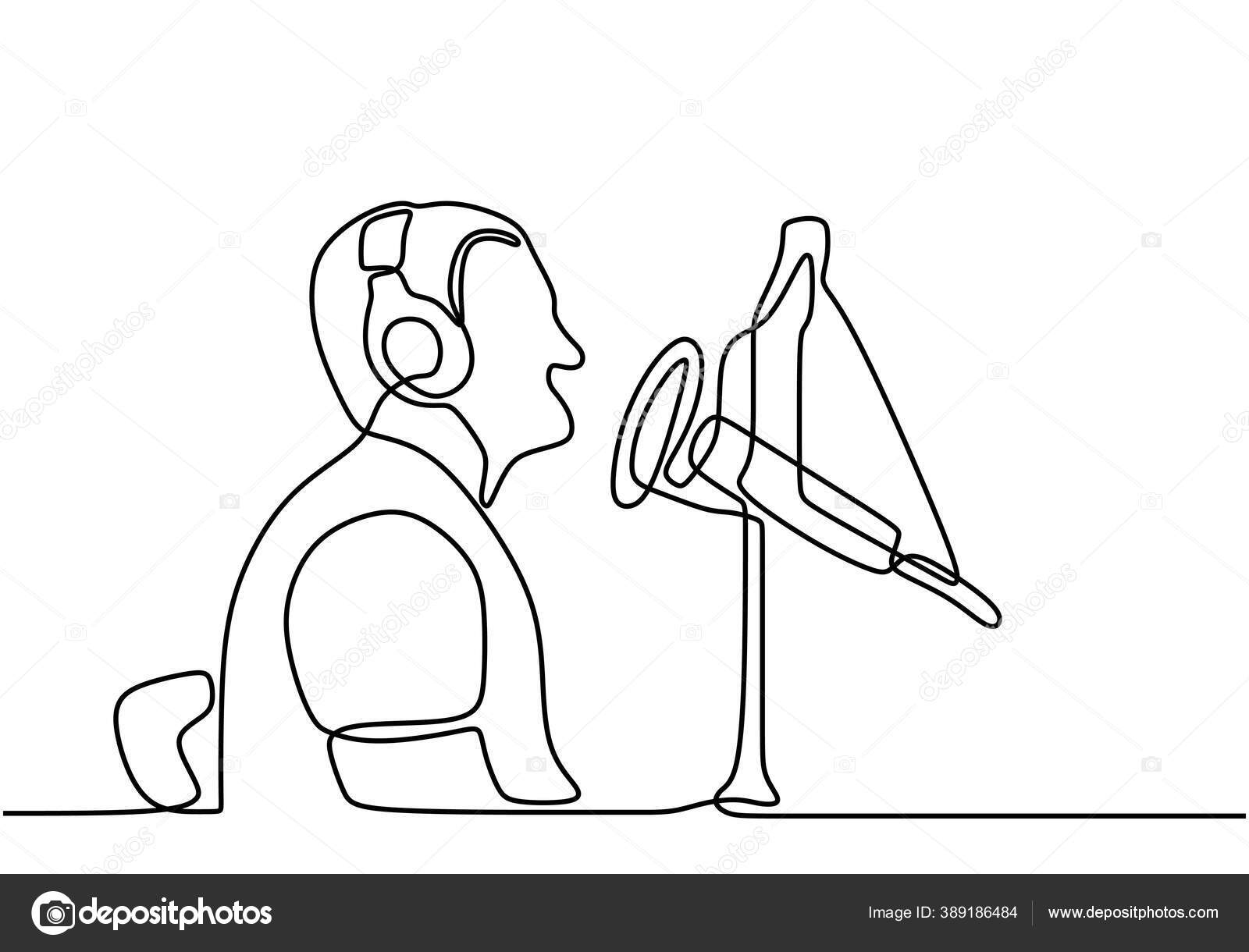 desenho contínuo de uma linha menino feliz usando fone de ouvido