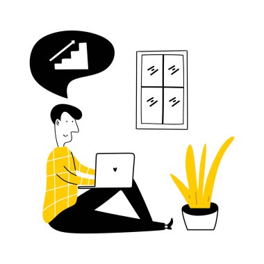 Evden çalışıyorum. Ev işyerinde laptopun arkasında çalışan serbest çalışan bir erkek. Genç adam konuşma ampulü olarak artan grafiğiyle bilgisayara odaklan. Vektör düz biçim illüstrasyonu