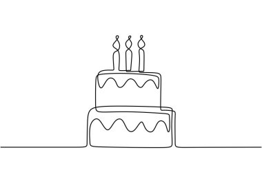 Doğum günü pastasını mumla çizmeye devam et. Kremalı ve mumlu bir pasta beyaz arka planda tek bir çizgi ile çizilir. Doğum günü partisi konsepti. Kutlamanın sembolü