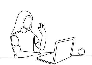 Sürekli evde dinlenen bir kadının görüntüsü. Video görüşmesi için dizüstü bilgisayarı kullanıyor. Skype. El sallayarak gülümseyen ve bilgisayar ekranına bakan mutlu genç kız. Vektör illüstrasyonu