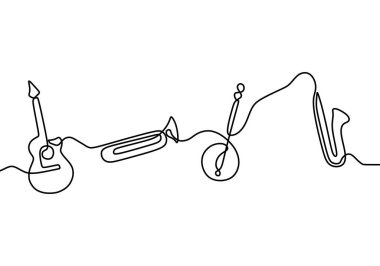 Caz enstrümanının aralıksız çizimi. Elektro gitar, trompet, keman, bas ve saksafon gibi müzik aletleri. Beyaz zemin üzerine elle çizilmiş klasik müzik aleti konsepti çizgisi