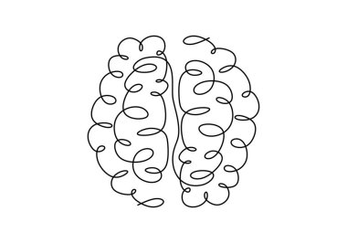 Bir çizgi beyin tasarımı silueti. Beyin implantları. Sinirsel implantlar. İnsan beyni yaratıcılığı, minimalizm stili vektör çizimi. Beyaz arka planda izole edilmiş anatomik insan kavramı.