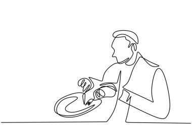 Continuous one line drawing, vector of man eating breakfast. Minimalism design with simplicity hand drawn isolated on white background. vector Continuous one line drawing, vector of man eating breakfast. Minimalism design with simplicity hand drawn isolated on white background. vector