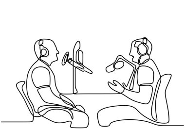 İki adam mikrofonun başında kulaklıkla oturup yayın yapıyor. Diğer adamla röportaj yaparak podcast yapan bir gencin sürekli çizdiği bir çizgi. Mikrofona konuşuyor. Vektör illüstrasyonu