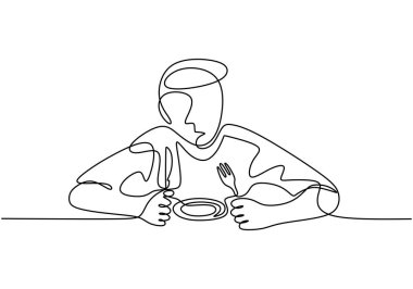 Continuous one line drawing, vector of person eating with plate, fork, and spoon. Minimalism design with simplicity hand drawn isolated on white background. vector Continuous one line drawing, vector of person eating with plate, fork, and spoon. Minimalism design with simplicity hand drawn isolated on white background. vector