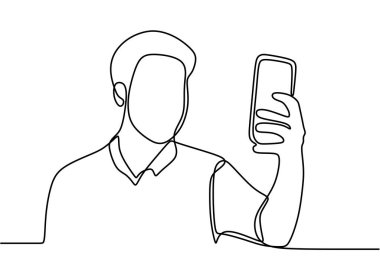 Cep telefonuyla video görüşmesi yapan bir adamın durmaksızın çizdiği çizgi. Genç ve mutlu bir erkek video çağrısı alır ve elleriyle minimalist bir şekilde selam verir. Vektör illüstrasyonu