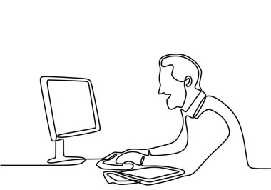 Masanın arkasında dizüstü bilgisayarla çalışan bir adamın çizimi. Çalışma odasında oturan ve ekran defterine bakan genç adam, şirket için bir iş stratejisi düşün. Minimalist stil