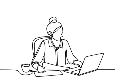 Sürekli tek sıra halinde dizüstü bilgisayarı olan bir kadın çizdi. Genç bir kız oturmuş klavyeye yazarken bilgisayarına odaklanıyor. Evde serbest çalışıyor. Odasında işini bitiriyor. Vektör illüstrasyonu