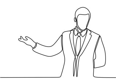 Sürekli gülümseyen genç bir adam beyaz arka planda ürününü sunuyor ve gösteriyor. El hareketleriyle karakterli bir erkek. El çizimi biçim vektör tasarımı çizimleri