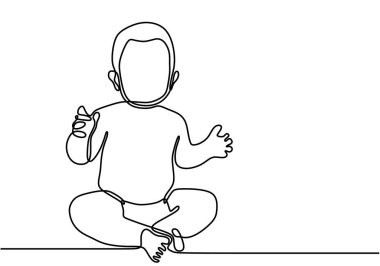 Bir çizgi bir bebeğin resimlerini çiziyor. Yerde oturan sevimli erkek bebek ve elinden siluetin bir resmini çizerek mutlu oluyor. Minimalist tarzda küçük bir çocuk. Vektör illüstrasyonu