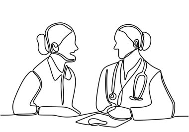 Sürekli doktor ve hemşire çizimleri. Doktorlar hemşirelerle hastanın tıbbi geçmişini tartışıyor. Beyaz arka planda izole edilmiş profesyonel doktor ve hemşire. Vektör