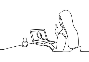 Sürekli evde dinlenen bir kadının görüntüsü. Video görüşmesi için dizüstü bilgisayarı kullanıyor. Skype. El sallayarak gülümseyen ve bilgisayar ekranına bakan mutlu genç kız. Vektör illüstrasyonu