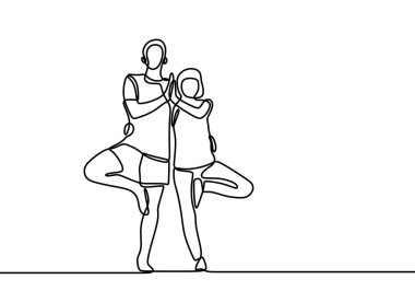 Yoga yapan bir çift çizimi. Genç bir adam ve kadın tek ayaklı ve katlanmış elleri beyaz arka planda izole bir şekilde duruyorlar. Sağlıklı yaşam teması için meditasyon