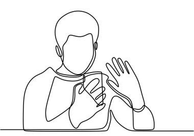 Cep telefonuyla video görüşmesi yapan bir adamın durmaksızın çizdiği çizgi. Genç ve mutlu bir erkek video çağrısı alır ve elleriyle minimalist bir şekilde selam verir. Vektör illüstrasyonu