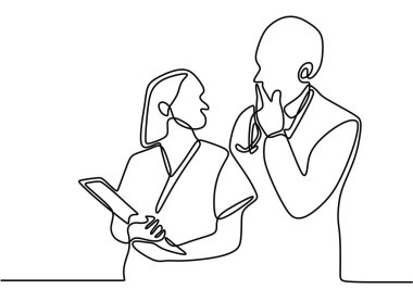 Sürekli doktor ve hemşire çizimleri. Doktorlar hemşirelerle hastanın tıbbi geçmişini tartışıyor. Beyaz arka planda izole edilmiş profesyonel doktor ve hemşire. Vektör