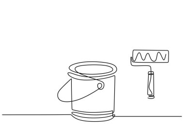 Fırça ve bir kova renkli boya beyaz arka planda izole edilmiş vektör çizimi. Duvarları minimalist tarzda boyamak için bir araç. Vektör illüstrasyonu basitlik el çizimi