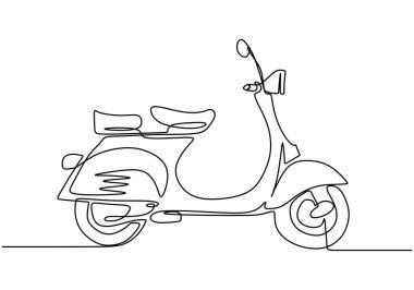 Klasik scooter. Beyaz arka planda izole edilmiş klasik scooter motosiklet çizimi. Klasik Asyalı kemik altı motosiklet logosu. Retro ulaşım kavramı