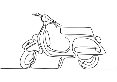 Klasik scooter. Beyaz arka planda izole edilmiş klasik scooter motosiklet çizimi. Klasik Asyalı kemik altı motosiklet logosu. Retro ulaşım kavramı