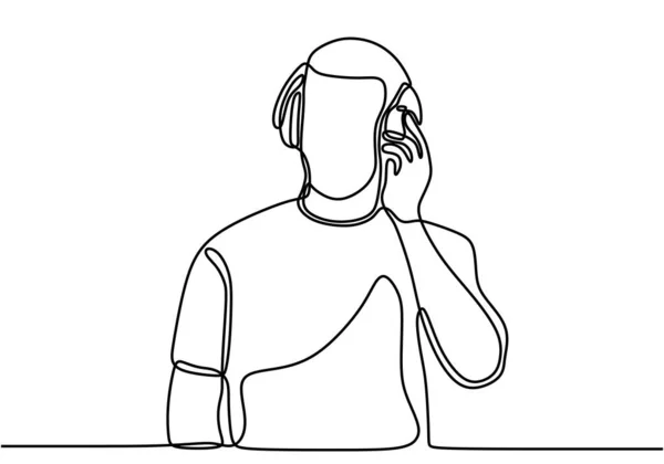 Jeden Rysunek Młodego Człowieka Słuchającego Muzyki Telefonie Słuchawkami Szczęśliwy Energiczny — Wektor stockowy