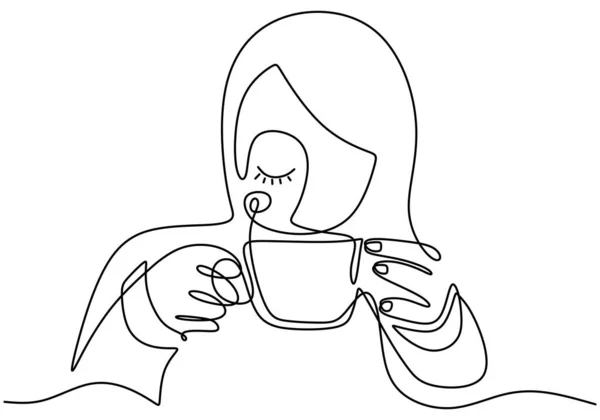 Desenho Contínuo Uma Linha Vetor Menina Bebendo Café Com Relaxamento — Vetor de Stock