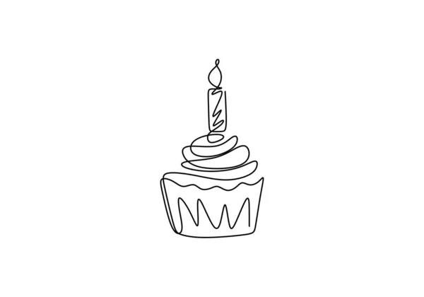 Dessin Trait Continu Gâteau Anniversaire Avec Bougie Gâteau Avec Crème — Image vectorielle