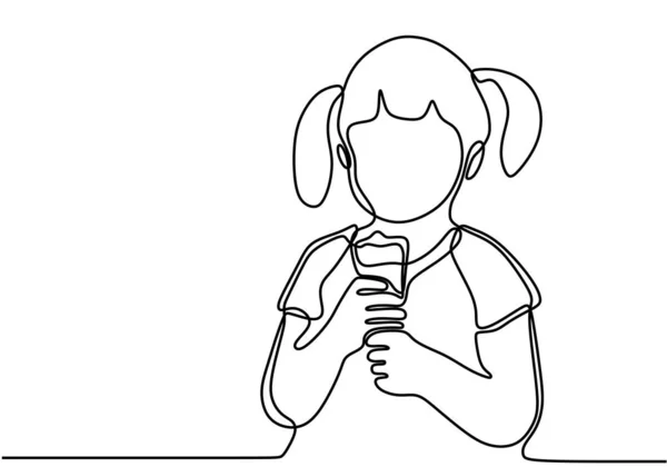 一条线连续画小女孩吃冰淇淋 一个女儿站在那里 一边享受着吃冰淇淋的乐趣 一边手绘着白色的背景 角色女孩吃冰淇淋 — 图库矢量图片
