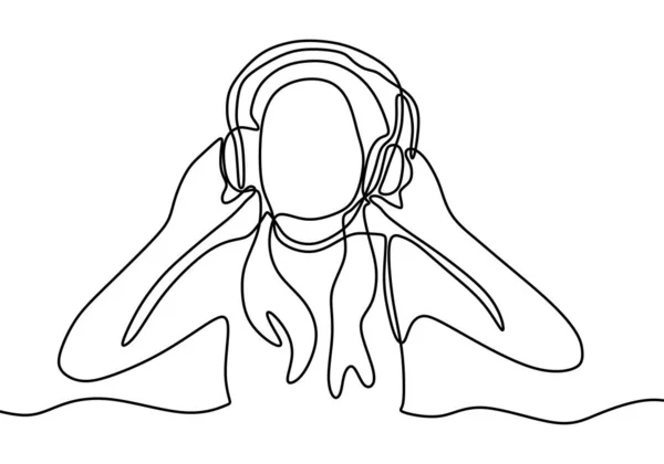 年轻美丽的女孩在耳机里听着音乐 连续的单行绘图矢量插图 精力充沛的长发女人 一边用耳机听音乐 一边欣赏舞蹈 — 图库矢量图片