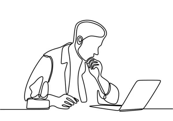 一个穿着西服的连续画线条的男人正在看笔记本电脑 年轻的商人坐在办公室里 白色背景的笔记本电脑上的第一件事就是思考 矢量说明 — 图库矢量图片