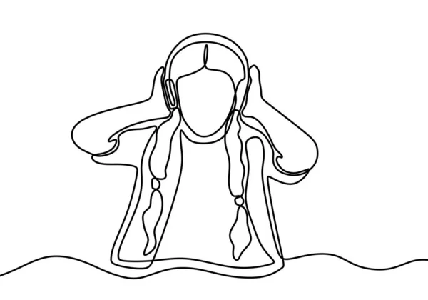 Terus Menerus Satu Baris Wanita Berdiri Mendengarkan Musik Dengan Headphone - Stok Vektor