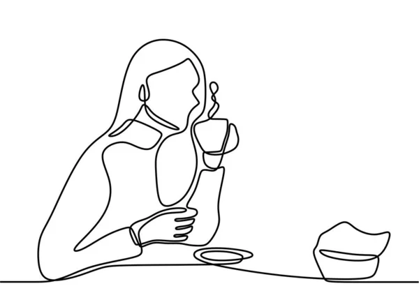 Kontinuierliche Linienzeichnung Einer Sitzenden Träumenden Frau Mit Einer Tasse Tee — Stockvektor