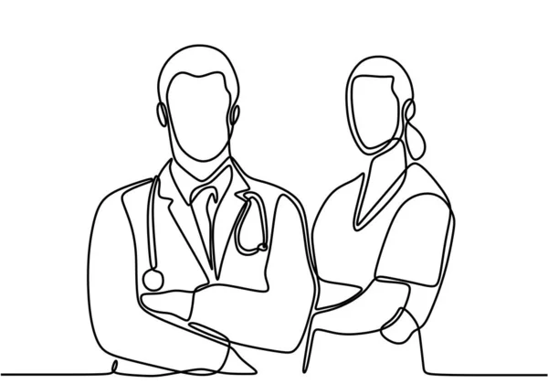 医生和护士的连续矢量线绘图 职业医生和护士交叉着胳膊站着 他们已经完成了为病人服务的工作 医疗人员概念 — 图库矢量图片