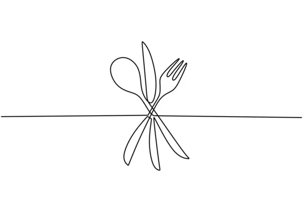 食品の看板 スプーン フォーク ナイフのベクトルを連続1行描画します 白を基調としたシンプルな手描きのミニマリズムデザイン ミニマルな輪郭手描き — ストックベクタ