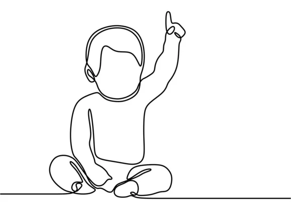 Jedna Čára Kreslí Ilustraci Dítěte Roztomilý Chlapeček Sedící Ukazující Prstem — Stockový vektor