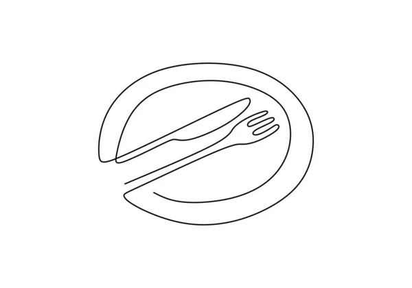 Безперервний Малюнок Харчового Символу Знак Тарілки Ножа Виделки Рука Мінімалізму — стоковий вектор