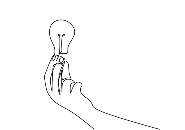 One Line Continuous Draw Human Light Bulb Hand Hold Light — Stock Vector