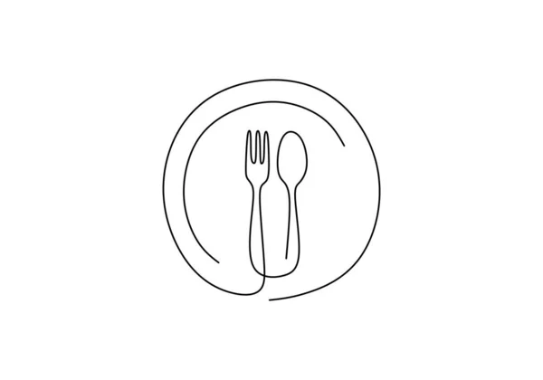 食品シンボルの連続線画 プレート ナイフ フォークのサイン ミニマリズムの手描き1ラインアートミニマリストベクトルイラスト 創造的なスケッチの輪郭とディナーテーマ — ストックベクタ