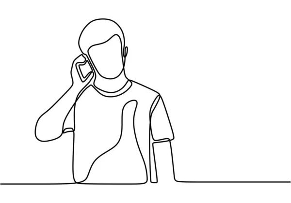 Συνεχής Γραμμή Σχεδίου Του Ανθρώπου Χρησιμοποιώντας Κινητό Του Τηλέφωνο Στέκεται — Διανυσματικό Αρχείο