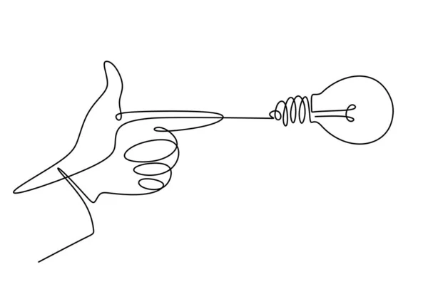 Dibujo Continuo Una Línea Mano Apuntando Una Lámpara Bombilla Piense — Vector de stock