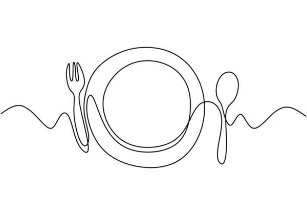 Dessin Linéaire Continu Symbole Alimentaire Signe Plaque Couteau Fourchette Minimalisme — Image vectorielle