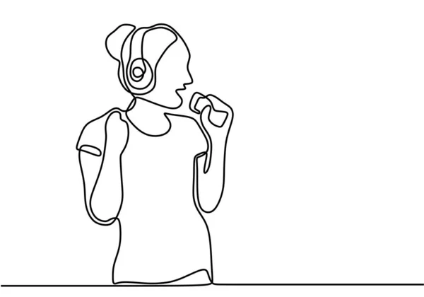 Continuous Line Drawing Girl Listening Music Beautiful Woman Hair Tied — Stock Vector