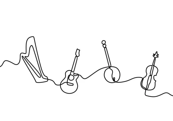 爵士乐器的连续线条绘图 电吉他 小提琴 低音和萨克斯风等乐器 手绘在白色背景上的古典音乐乐器概念线 — 图库矢量图片