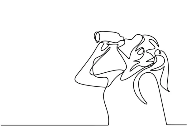 连续画一条线 少女用瓶子喝水 女子运动后感觉清爽和慢跑 简朴手绘的简约设计 — 图库矢量图片