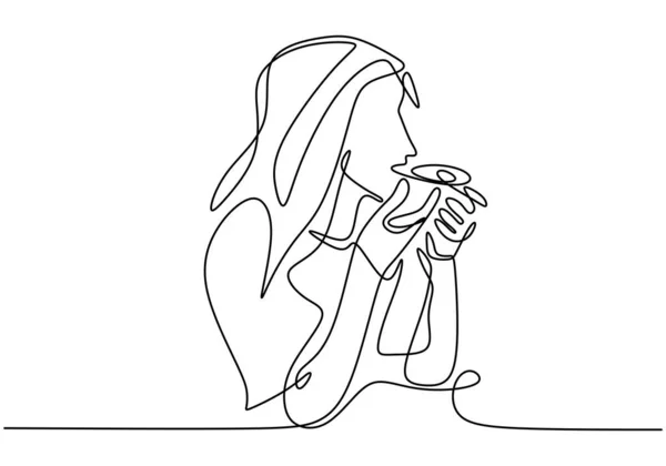 連続1行の描画 少女コーヒーを飲むのベクトル 白を基調としたシンプルな手描きのミニマリズムデザイン — ストックベクタ