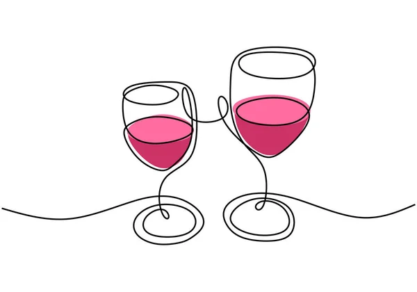 Continuous One Line Drawing Vector Cheers Two Glasses Red Wine — Stock Vector