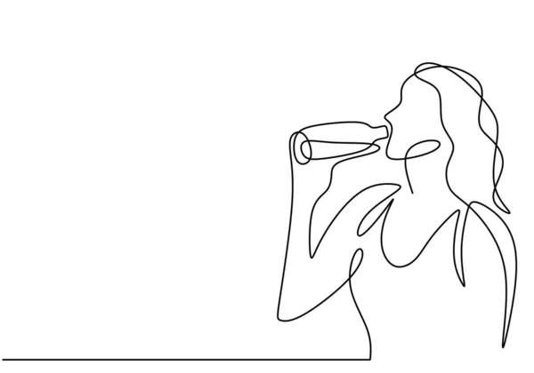 Непрерывный Рисование Одной Линии Вектор Женщины Питьевой Воды Бутылки После — стоковый вектор