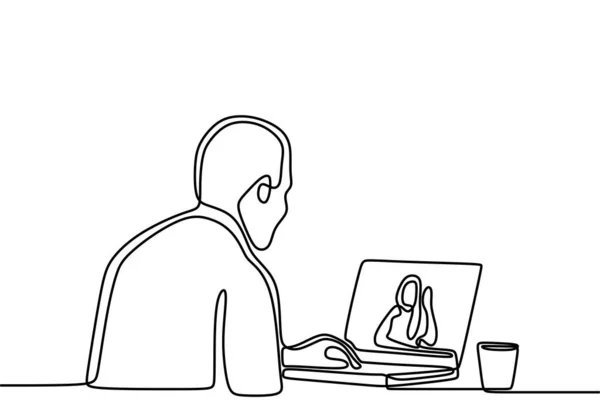 Ofiste Sürekli Bir Adamı Çizimi Videoda Telsiz Kulaklık Takan Ciddi — Stok Vektör